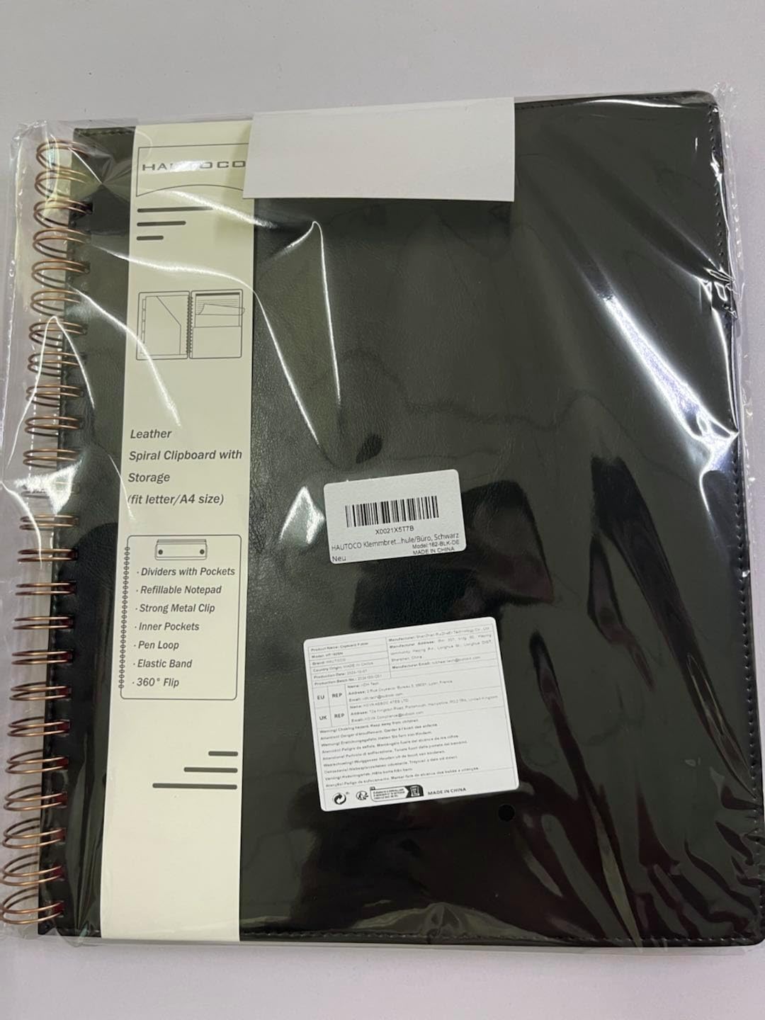 HAUTOCO PU-Leder Klemmbrett Folio mit Zip Beutel, Klemmbrettmappe A4 mit nachfüllbarem Notizblock, K