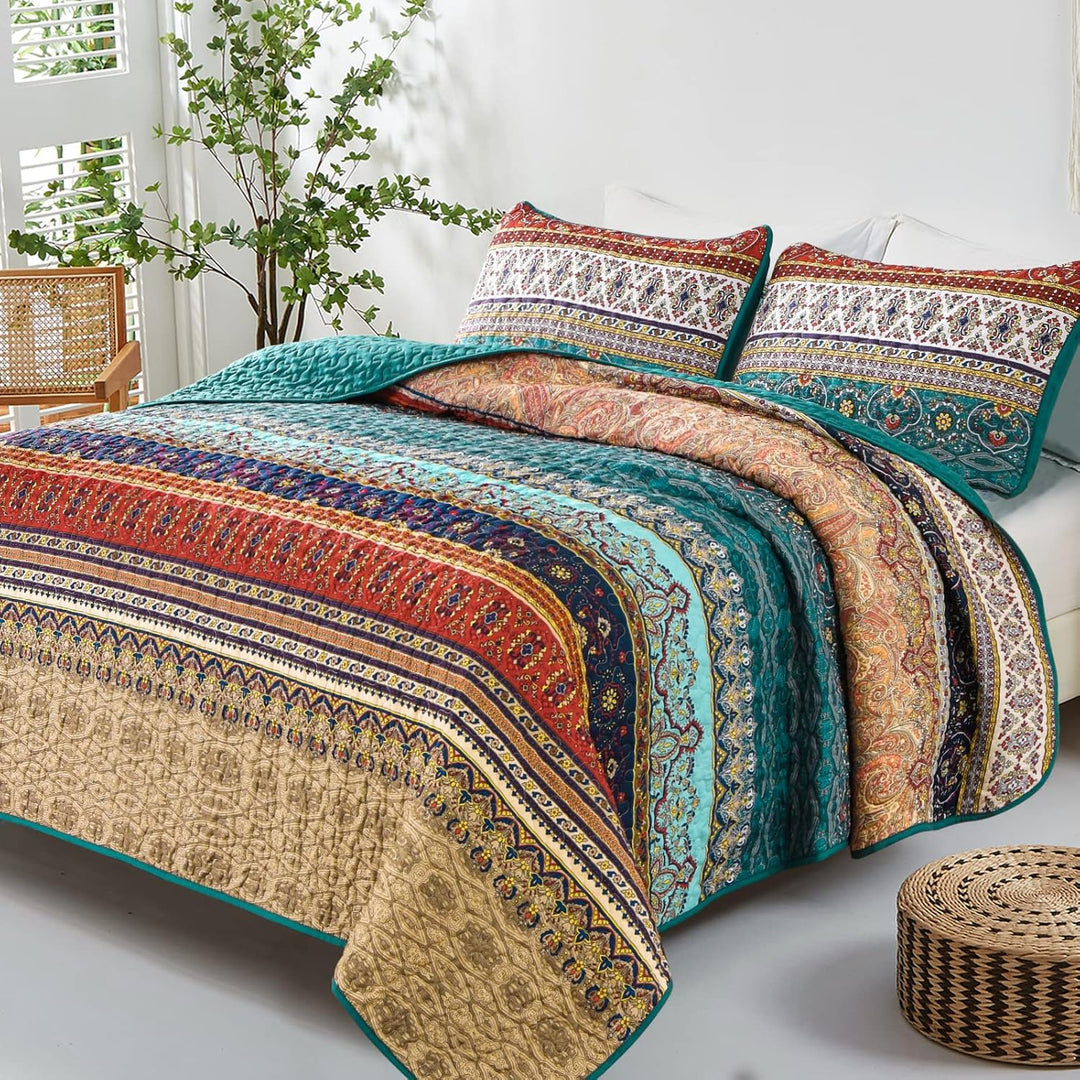 WONGS BEDDING Tagesdecke 220x240 Bettüberwurf Boho Decke Steppdecke 3 Teilig Doppelbett Gesteppt Bet