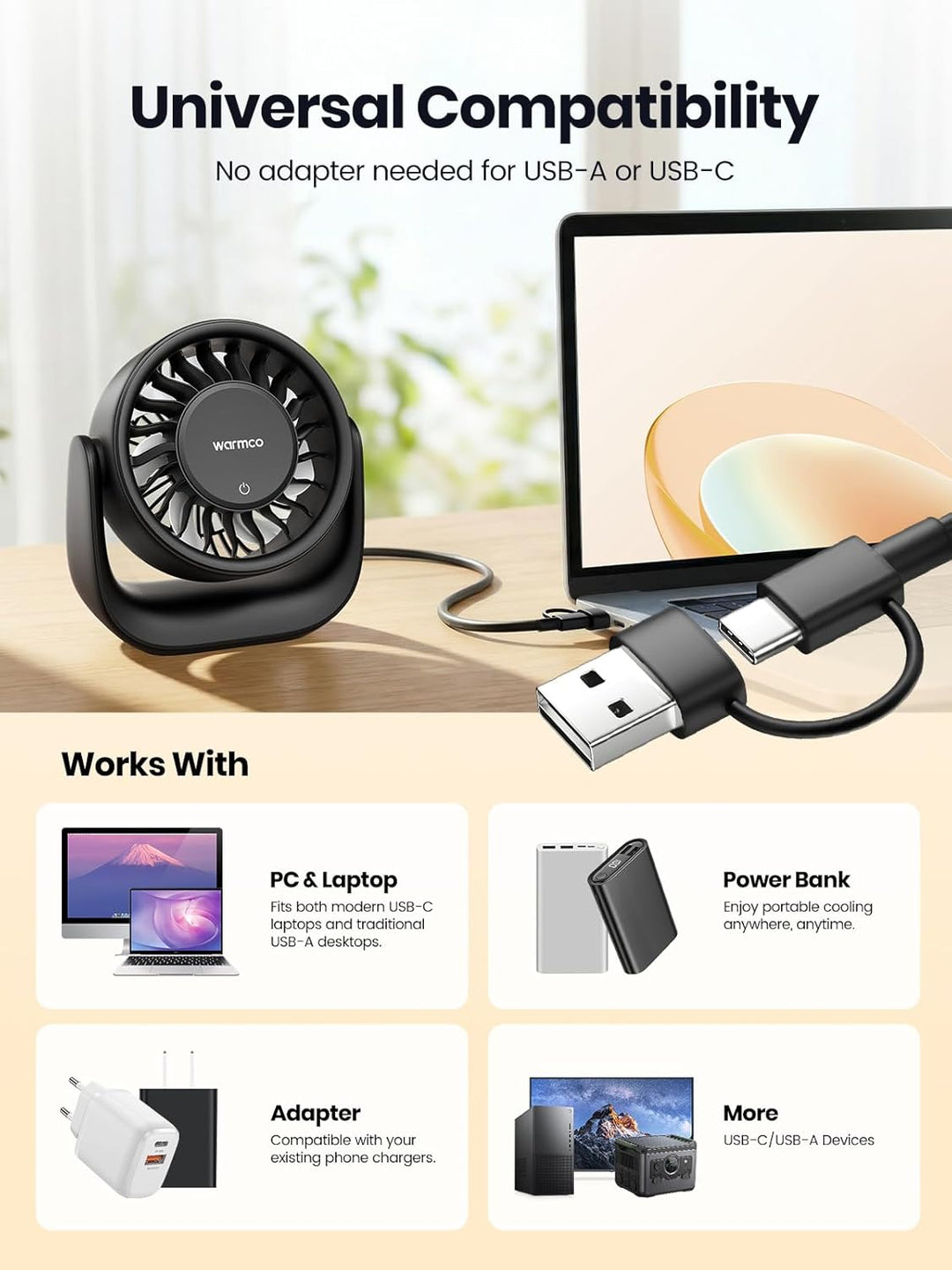 Warmco USB Tischventilator mit Touch, (Nur USB-Betrieb) Kleiner Ventilator, USB-A & USB-C Stecker, 3