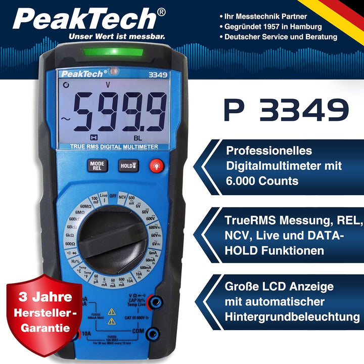 PeakTech 3349 – True RMS Digital Multimeter, Manual-Range, 6000 Counts, Durchgangsprüfer, Spannungsp