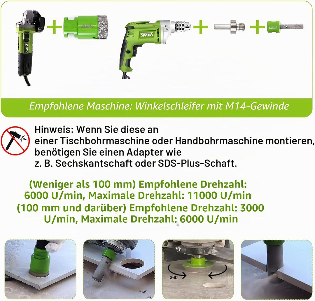 FACHLICH Diamant Fliesenbohrer Set - 20/25/35/50/68/100mm 8 Stücke mit 50mm Fingerfräser ein Adapter