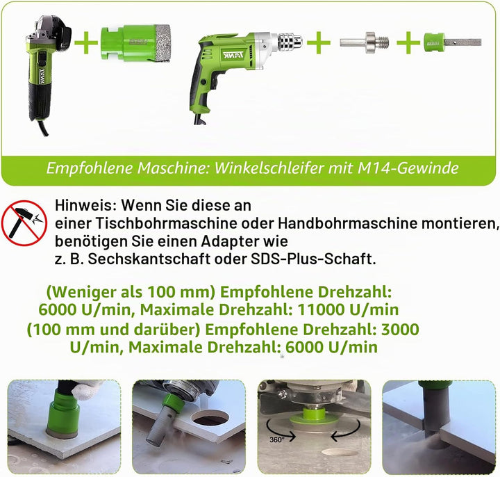 FACHLICH Diamant Fliesenbohrer Set - 20/25/35/50/68/100mm 8 Stücke mit 50mm Fingerfräser ein Adapter