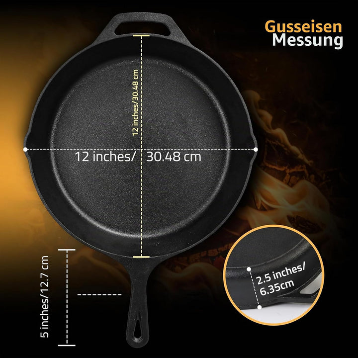 KICHLY Vorgewürzt Gusseisen Skillet 12 Zoll, Safe Grill Kochgeschirr für den Innen- und Aussenbereic