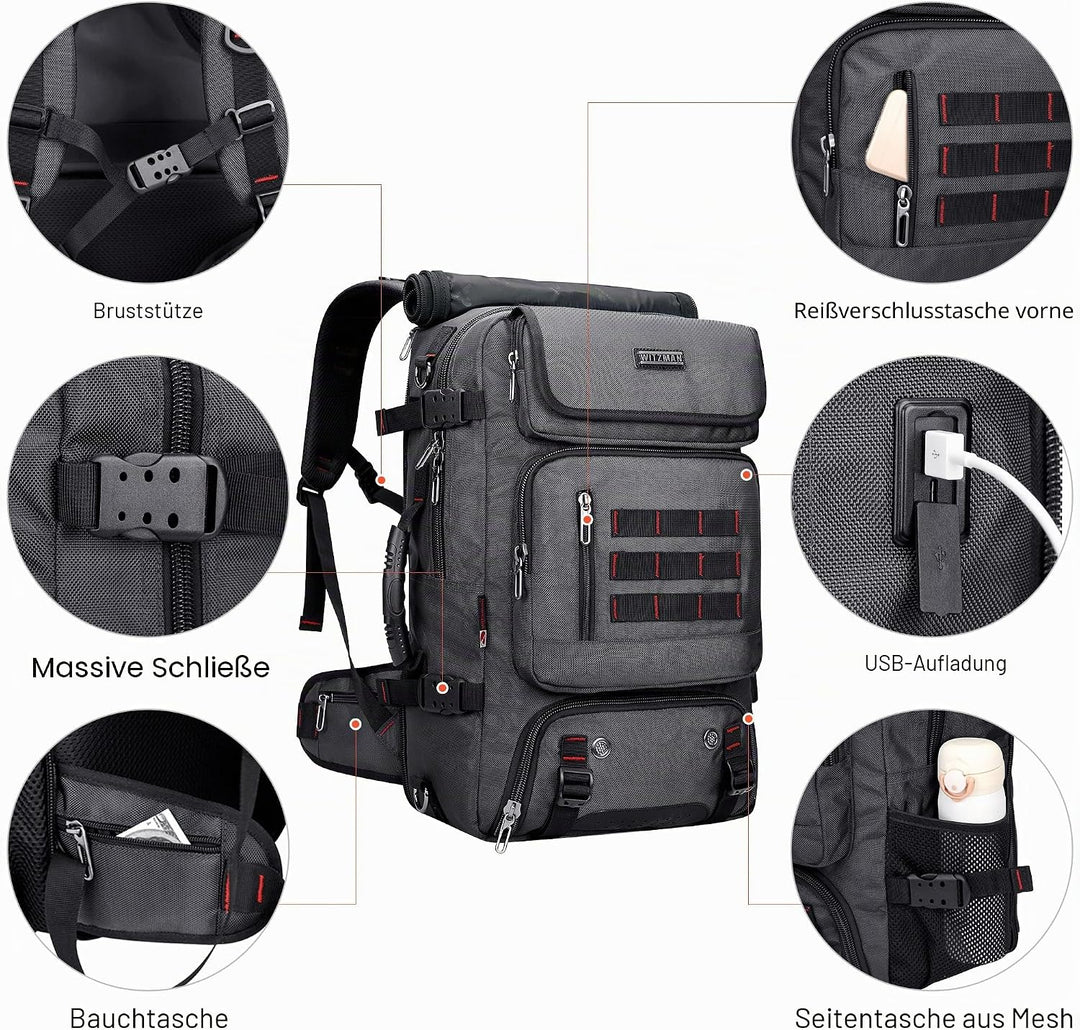 WITZMAN Reiserucksack Herren Gross Reisetasche Reiserucksack Handgepäck Flugzeug mit USB Ladeanschlu