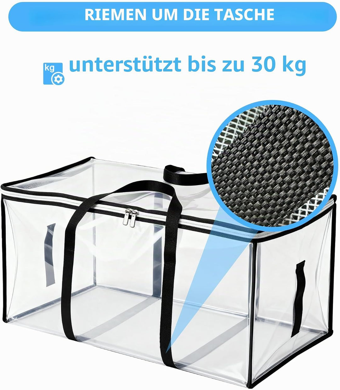 3 Stück Umzugstaschen 88L, transparente Aufbewahrungstaschen aus verstärktem PVC 135 g/m², faltbar,