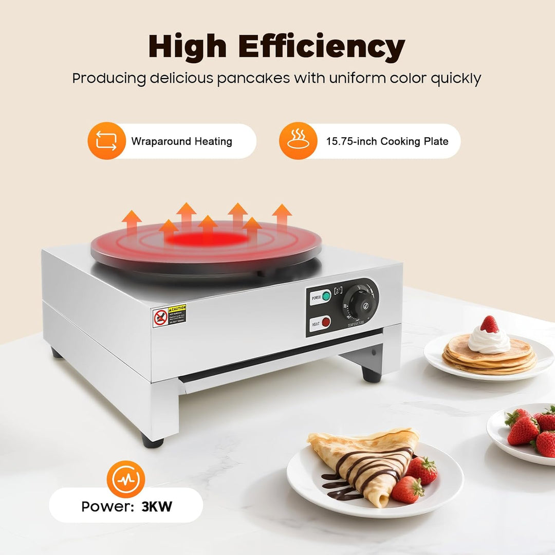 3000W Elektrischer Crêpe Maker, Profi Crêpes Pfannenmaschine aus Edelstahl &amp; Gusseisen, Antihaftplat
