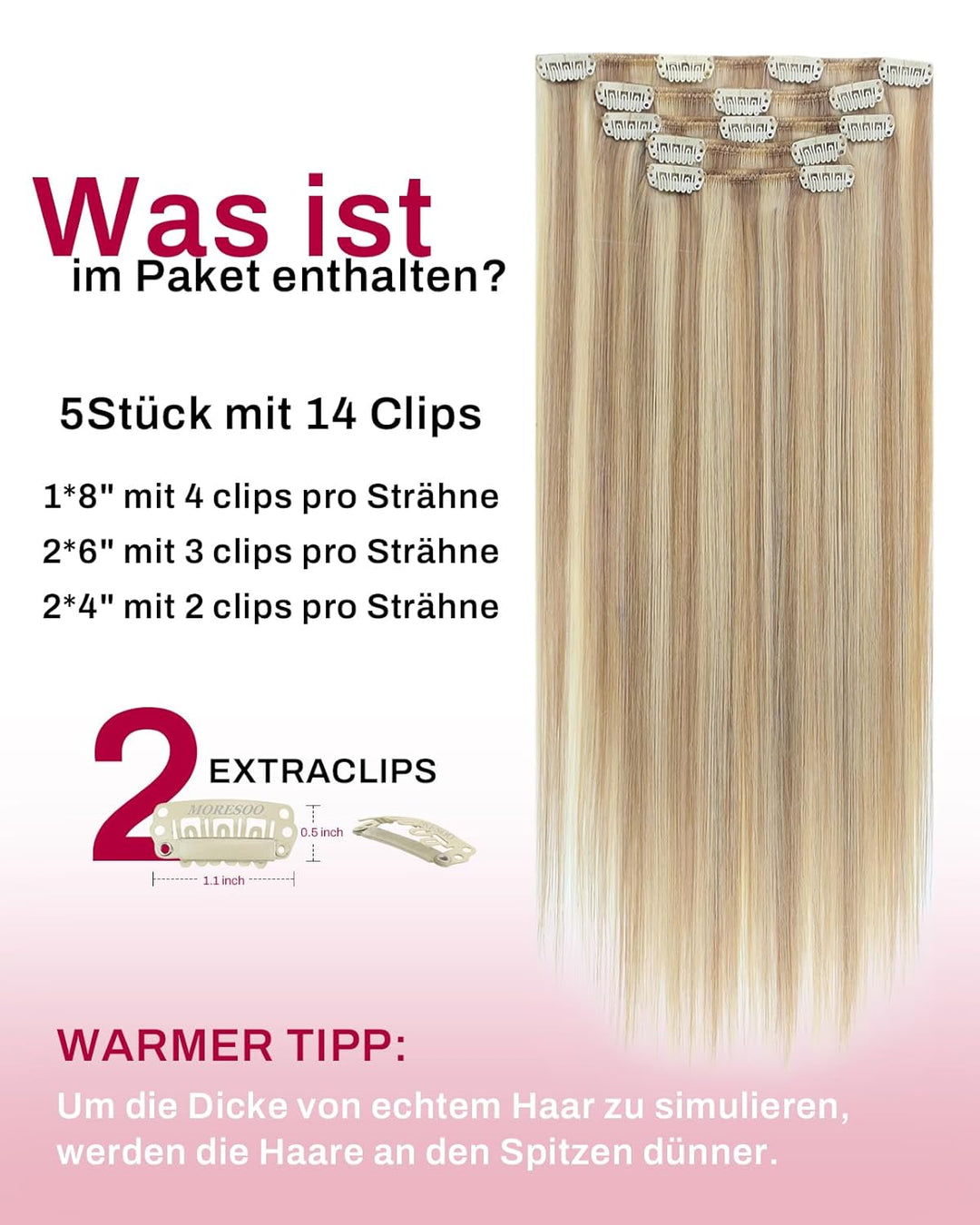 Moresoo Clip in Extensions Echthaar Blond Extensions Clip Echthaar Remy Goldblond mit Mittelblond Ha