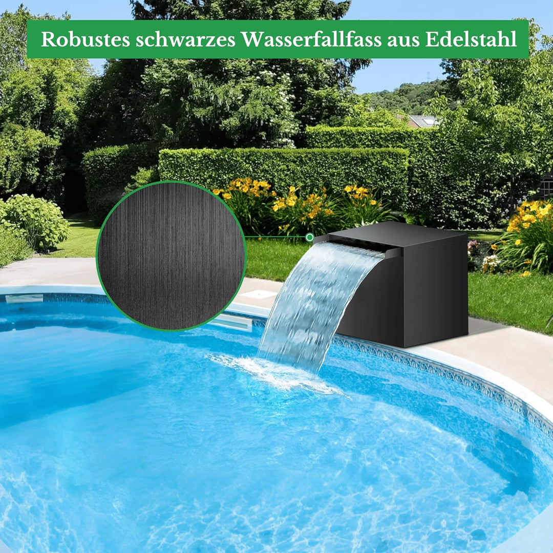 Biling Wasserfall für Gartenteich mit Filterfunktion, Schwarze Edelstahl Wasserfälle Bachläufe Set m