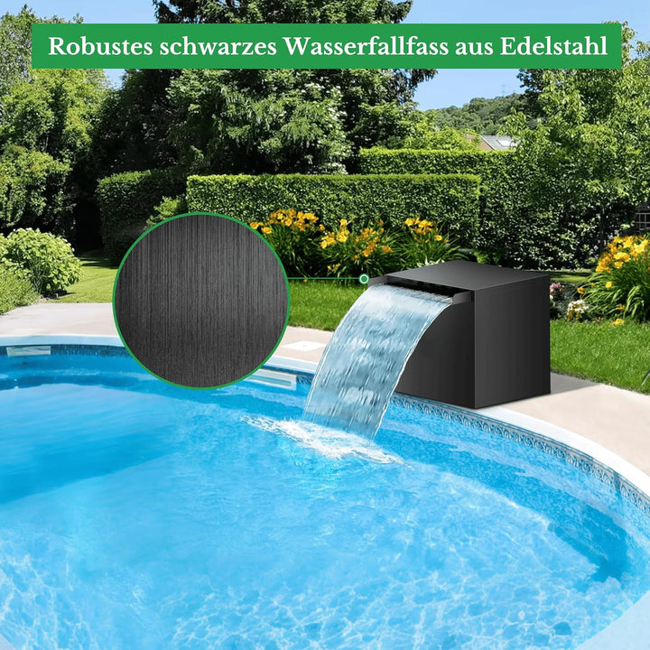 Biling Wasserfall für Gartenteich mit Filterfunktion, Schwarze Edelstahl Wasserfälle Bachläufe Set m