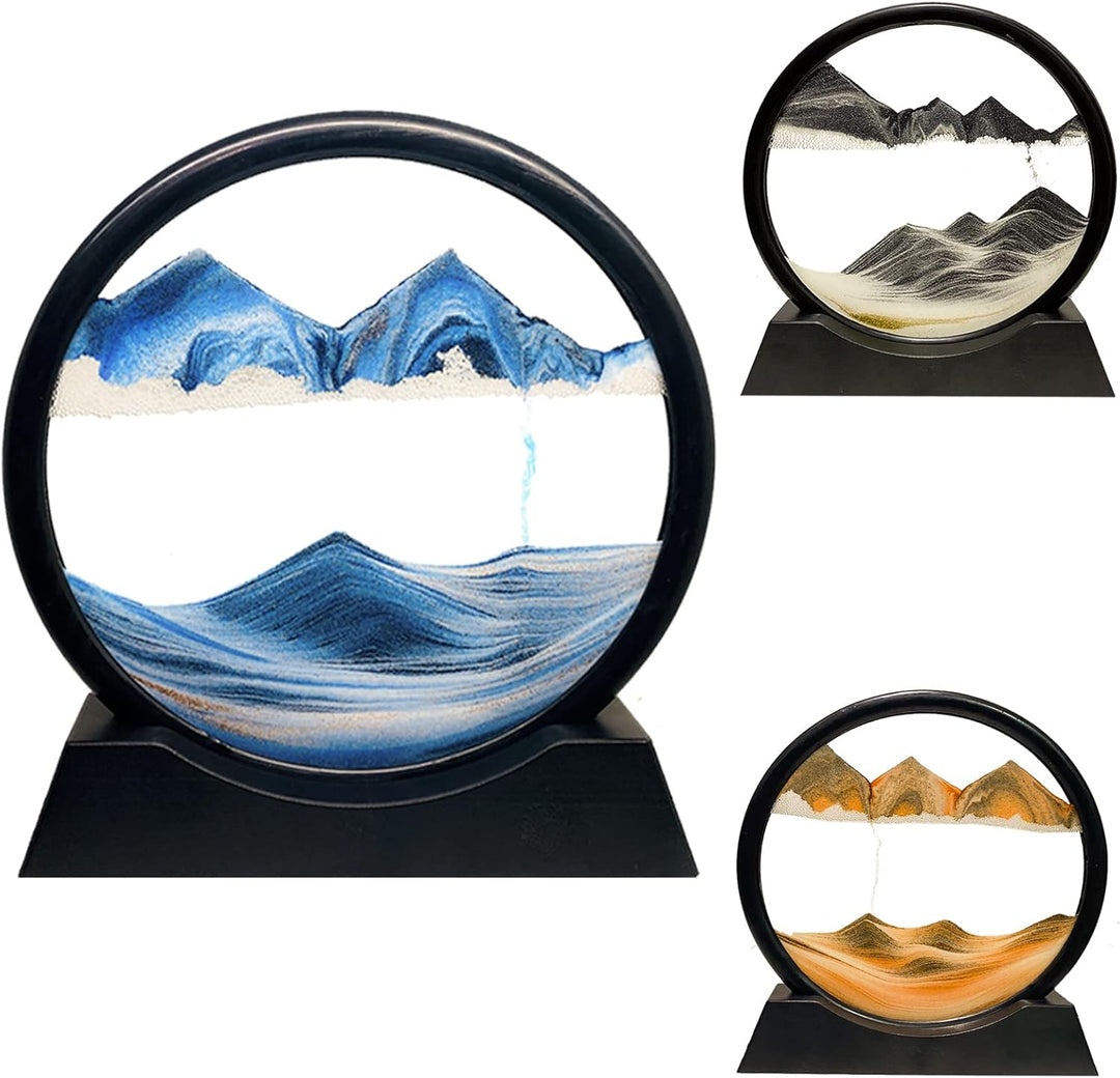 Fliessende Sandmalerei - Dynamisch 3D Sandbilder zum Drehen, Bewegliche Sandkunst runder Glas Rahmen
