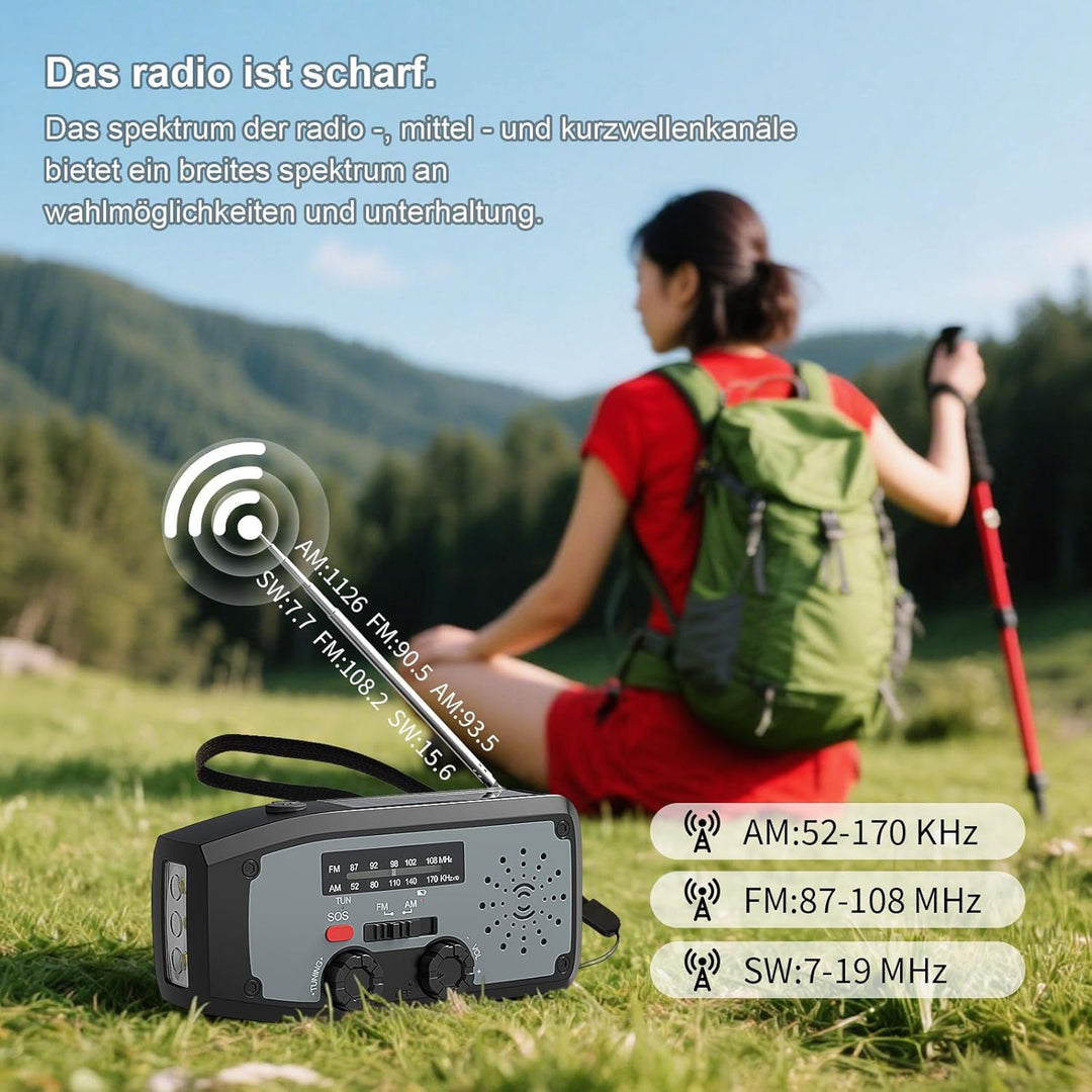 Kurbelradio, Notfall Weltempfänger Testsieger LED-Taschenlampe, SOS-Alarm,AM/FM Wetter Wind Up Solar