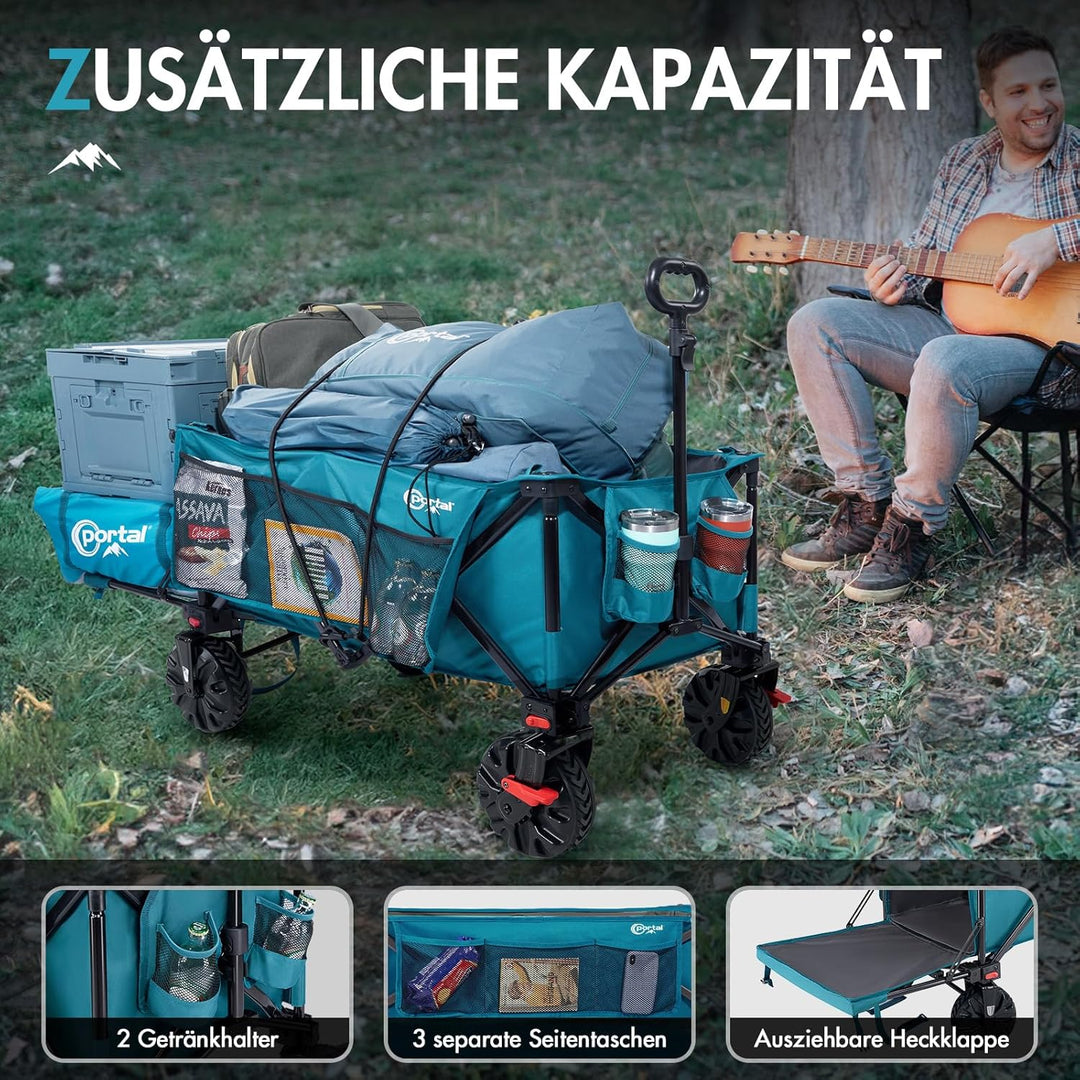 PORTAL Bollerwagen faltbar XXXL 300L grösse Reifen 17x10cm mit Bremse Getränkehalter Seitentasche Fa