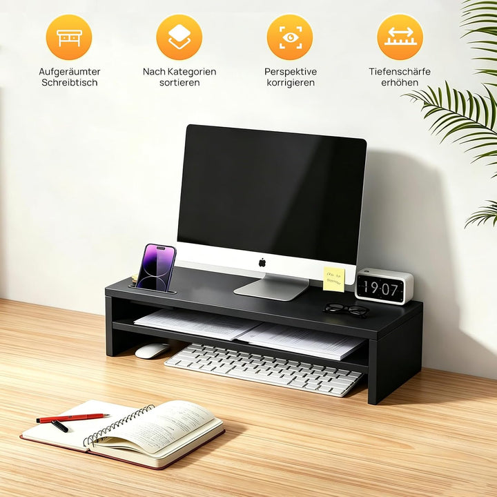 Lucn Monitorständer 2 Ebenen MDF Bildschirmunterbau mit Handyhalter, Kabelführung &amp; Tastaturauszug,