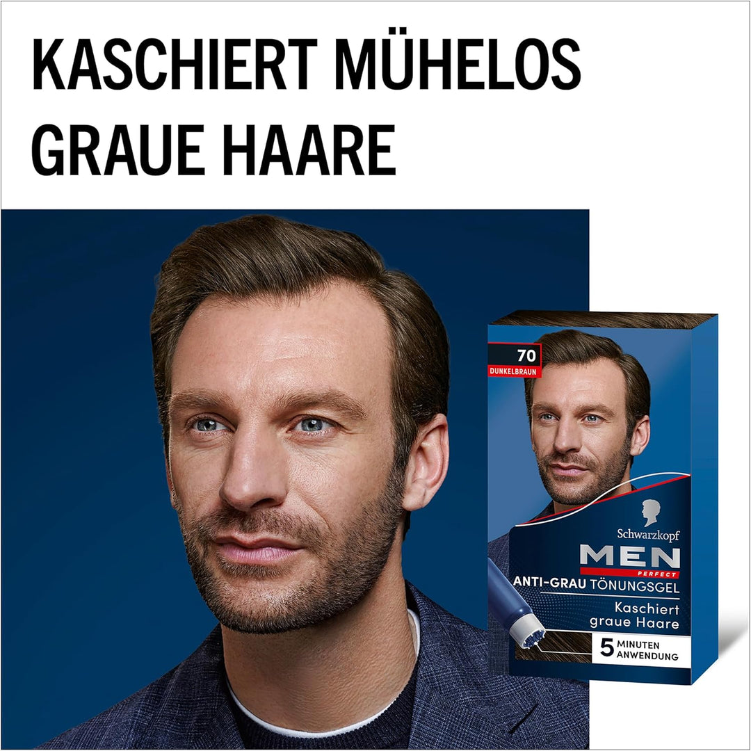 Schwarzkopf Men Perfect Anti-Grau Tönungs-Gel 70 Dunkelbraun (3 x 80 ml), Haarfarbe für Männer blend