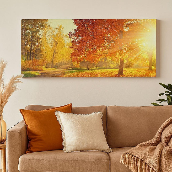 Wandbilder Dekoration Wohnzimmer Park Herbst Baum Panorama Bilder auf Leinwand 120x50cm Leinwandbild
