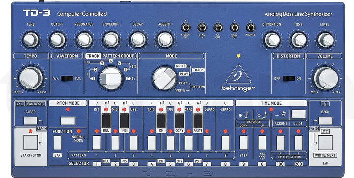Behringer TD-3-BU Analoger Bass-Line-Synthesizer mit VCO, VCF, 16-Stufen-Sequenzer, Distortion-Effek