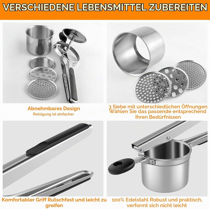 Kartoffelpresse Edelstahl Spätzlepresse mit 3 Lochscheiben Multifunktional Spaghettieispresse Kartof