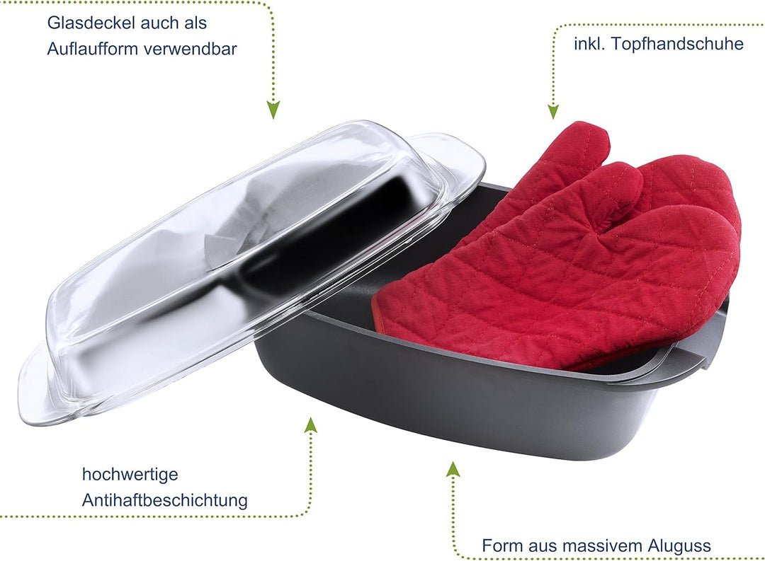 Kopf Bräter Pic (Aluguss, 5,2 Liter, inkl. Glasdeckel / Auflaufform, Induktion) schwarz induktionsge