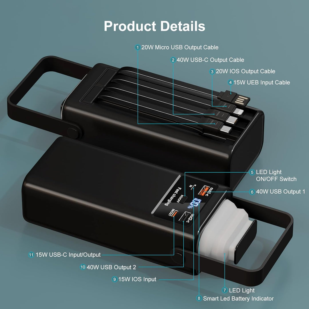 60000mAh Power Bank with Cable, 30W Powerbank PD USB C Schnellladefunktion Externe Akku mit LED-Disp