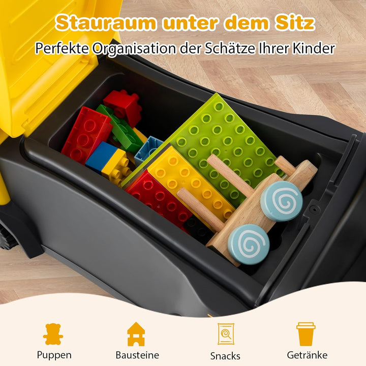 GOPLUS Kinder Rutschauto, 2 in 1 Schiebeauto, Bauwagen mit Lichtern, Geräuschen & Stauraum unter dem