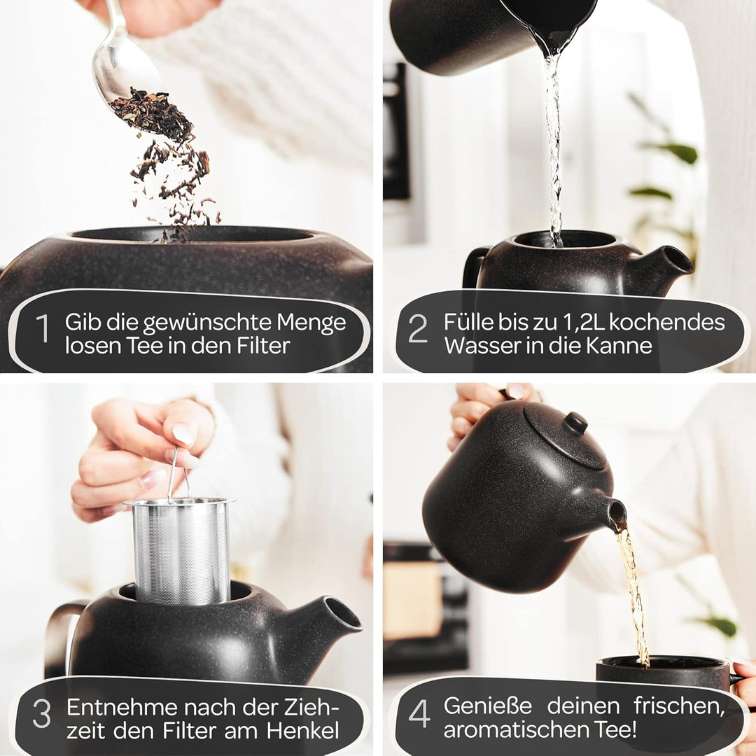 STEINZEIT Design Teekanne mit Stövchen (1,3L) – mit Siebeinsatz aus rostfreiem 304 Edelstahl – Keram