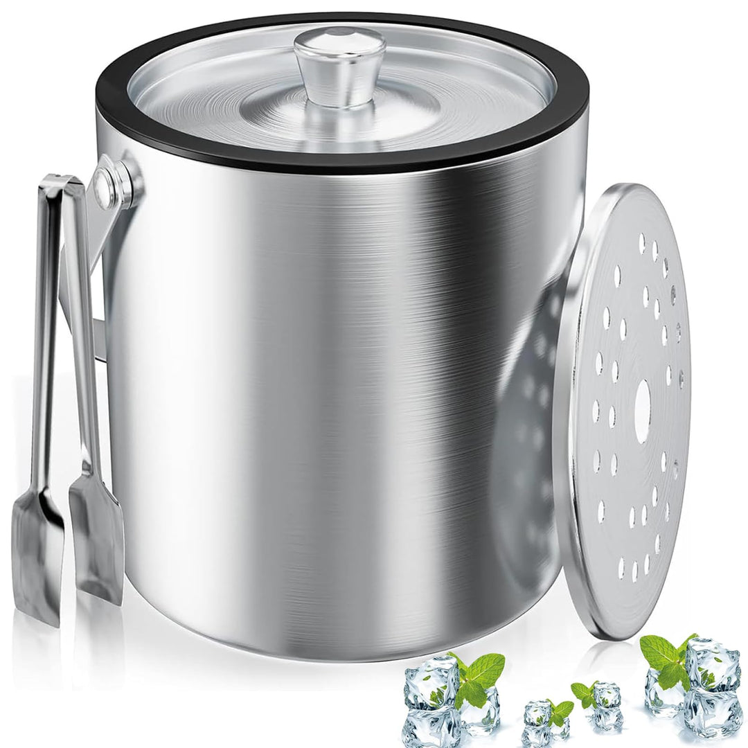 Eiswürfelbehälter, Eisbehälter rund mit Sieb und Eiszange, 2L Eiswürfelbehälte, Edelstahl Eisbehälte