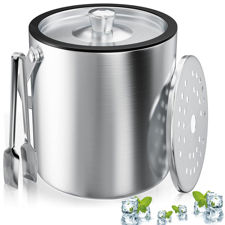 Eiswürfelbehälter, Eisbehälter rund mit Sieb und Eiszange, 2L Eiswürfelbehälte, Edelstahl Eisbehälte