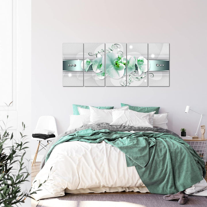 Runa Art Wandbild XXL Blumen Orchidee Wohnzimmer Schlafzimmer 200 x 80 cm Grau Grün 5 Teilig - Made