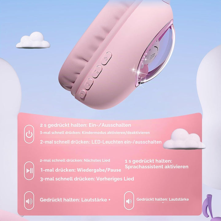 Kinder Kopfhörer mit Katzenohren, Bluetooth 5.4 Over-Ear Noise Cancelling Kopfhörer mit Mikrofon, LE
