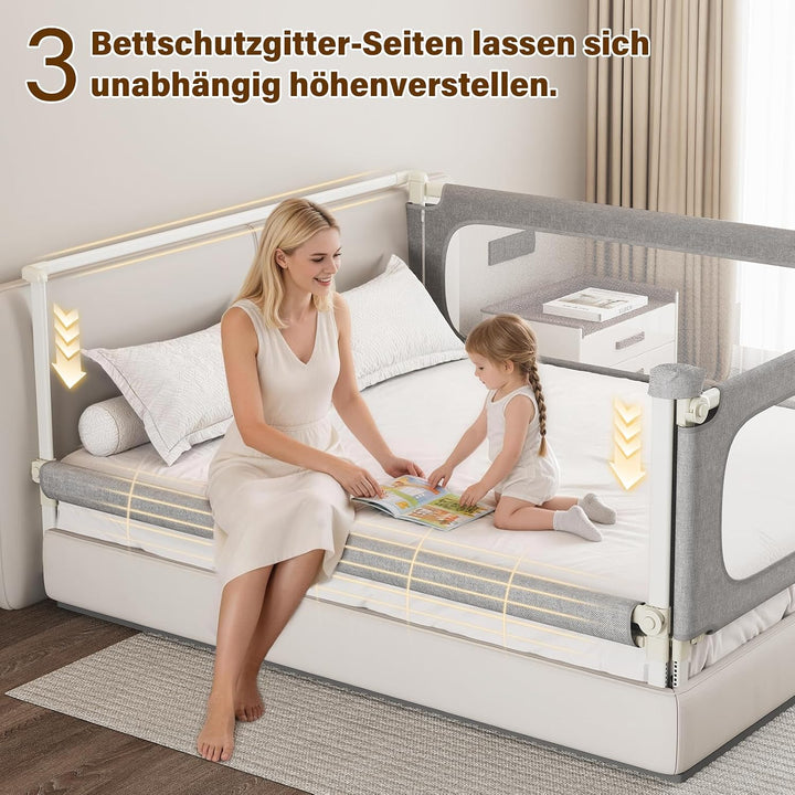 Bettgitter Rausfallschutz 3-seitig 180x200cm mit Spaltfüllstäbe | U-förmige Stabilstangen, Höhenvers