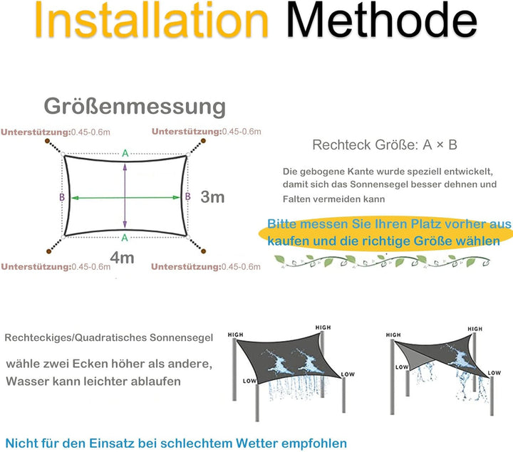 Sunal Sonnensegel 3x5m Rechteckig,PES Polyester Wasserdicht,95% UV Schutz,inkl.Befestigungsseile,gra
