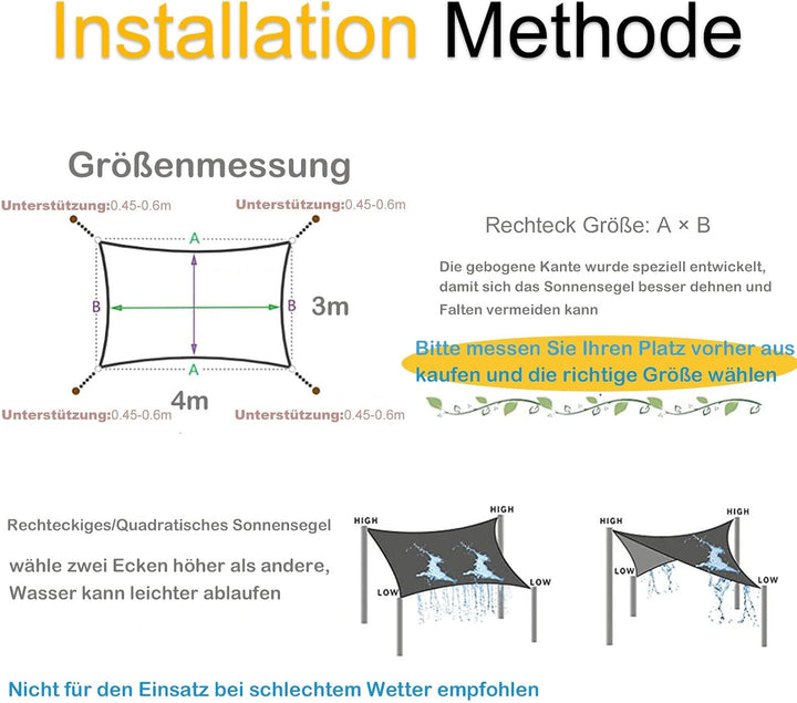 Sonnensegel Rechteckig 3x4m,PES Polyester Reissfest Wetterfest,Sonnensegel Wasserdicht,Sonnenschutz