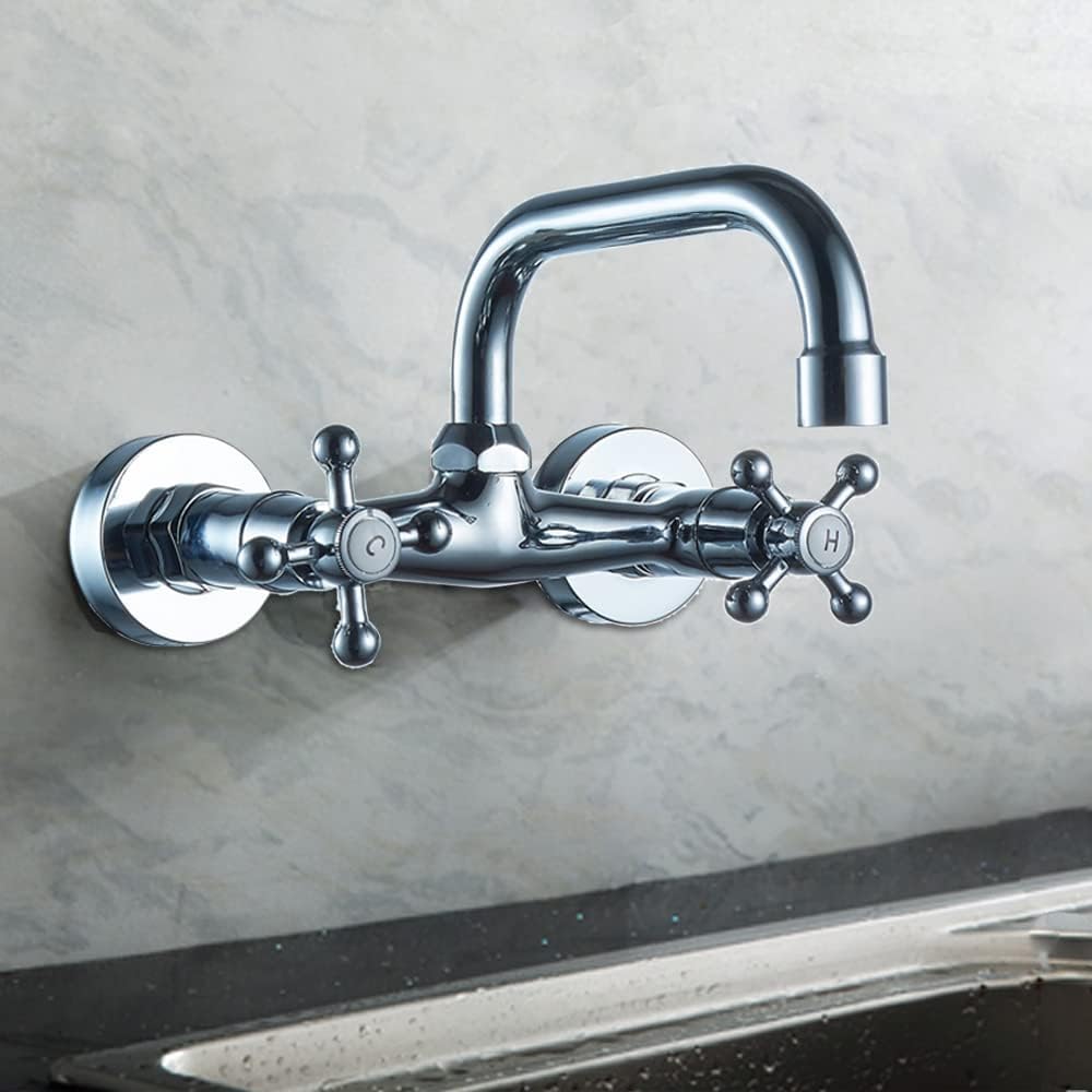 Wasserhahn Wandmontage Messing Zweigriff Nostalgie 180° Drehregler Waschtisch Armatur Kalt und Heiss