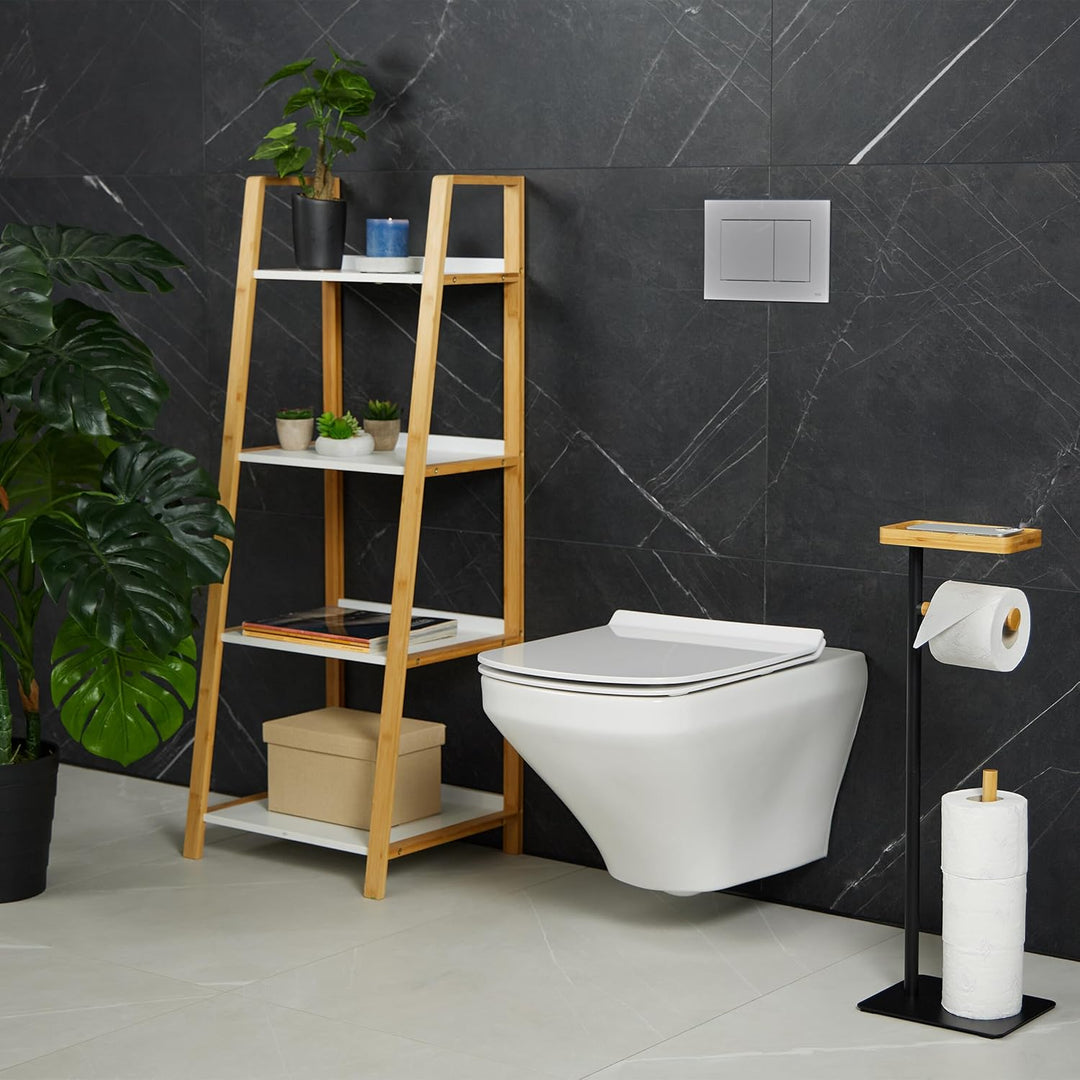 Relaxdays Toilettenpapierhalter mit Ablage, WC Rollenhalter stehend, Klopapierständer, Eisen und Bam
