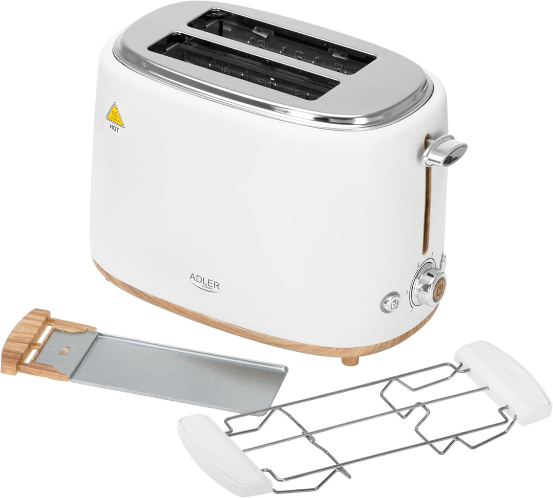Adler Toaster Weiss für 2 Scheiben – Perfekt knuspriger Toast dank 6 Stufen & Brötchenaufsatz | Mit