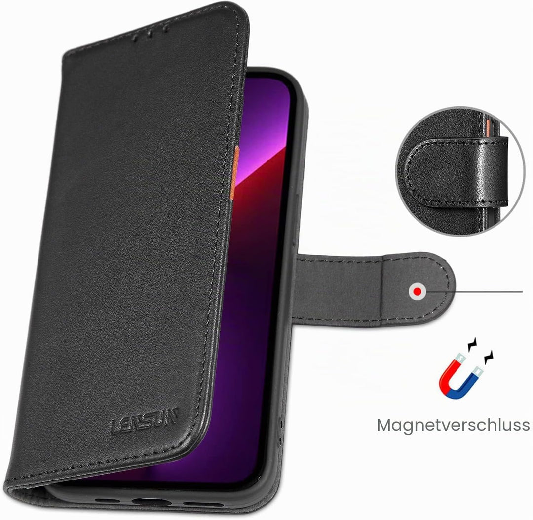 LENSUN Echtleder Hülle für iPhone 13 Pro, Handyhülle [Echtes Leder][Magnetverschluss][RFID Schutz] H