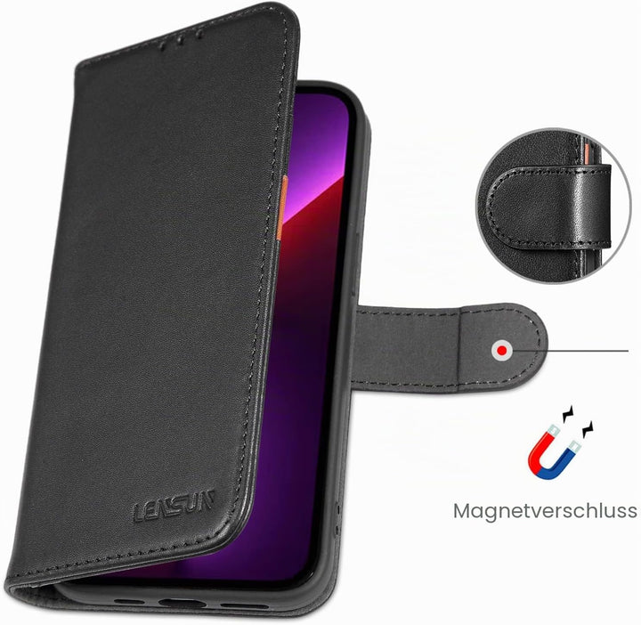 LENSUN Echtleder Hülle für iPhone 13 Pro, Handyhülle [Echtes Leder][Magnetverschluss][RFID Schutz] H