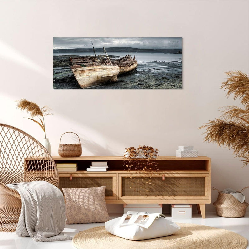 Panorama Bilder auf Leinwand 100x40cm Leinwandbild mit Rahmen Boot Wrack Ufer Gross Wanddeko Bild Sc