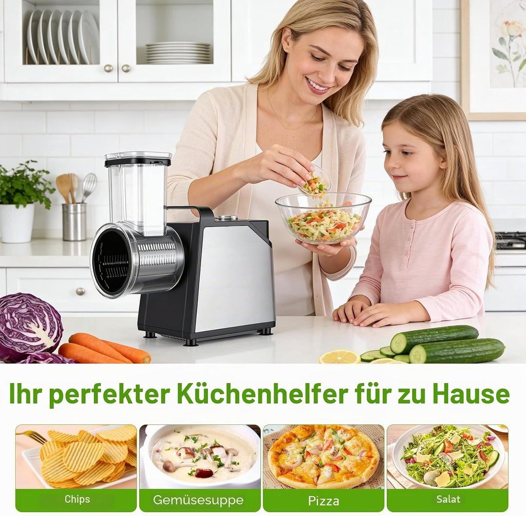 Gemüseschneider Elektrisch 250W, Gemüsehobel Elektrisch mit 7 Edelstahlklingen, Elektrische Reibe mi