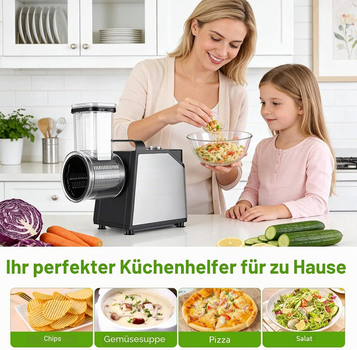 Gemüseschneider Elektrisch 250W, Gemüsehobel Elektrisch mit 7 Edelstahlklingen, Elektrische Reibe mi