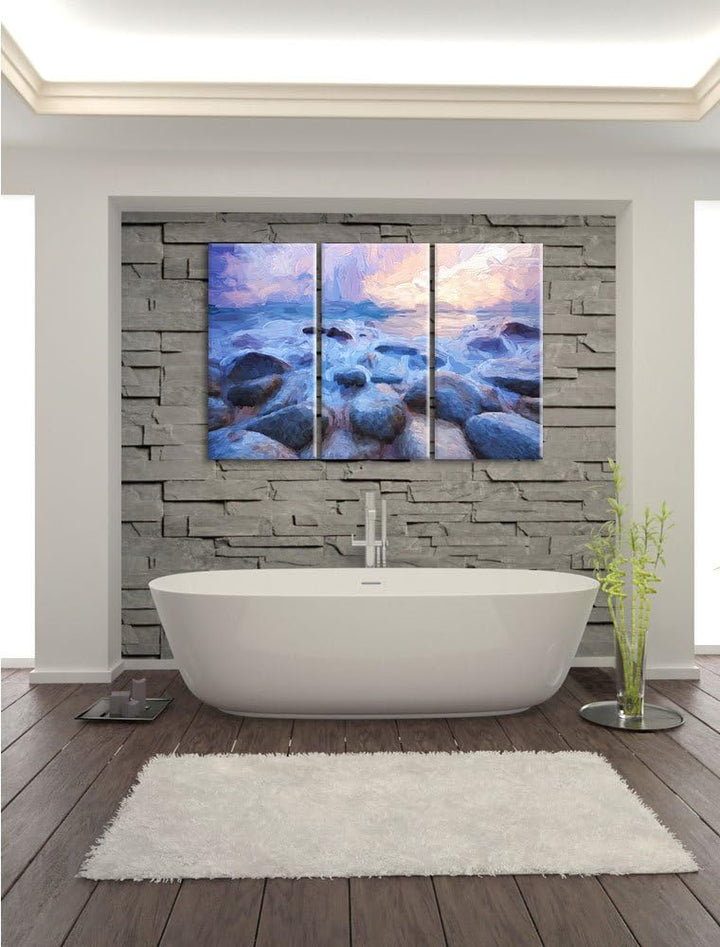 Pixxprint Romantisches Meer Pinsel Effekt 3-Teiler Leinwandbild 120x80 Bild auf Leinwand