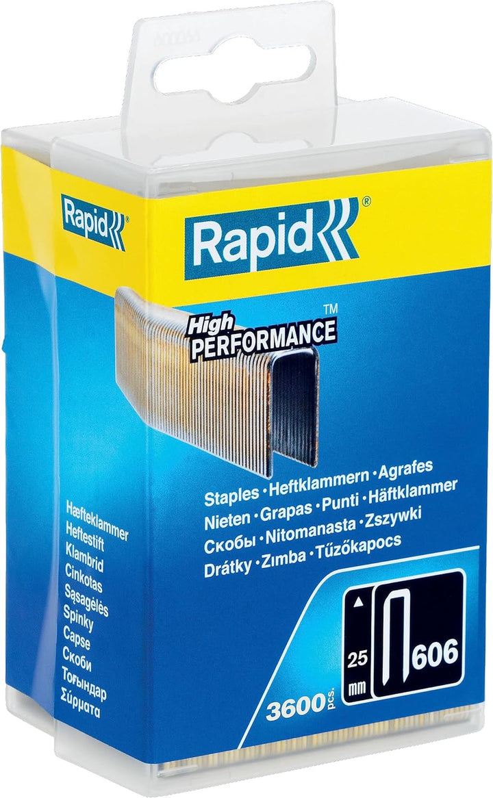 Rapid Tackerklammern Typ 606, 25mm Klammern, 3.600 Stk. Kunststoffbox, Schmalrückenklammern für Holz