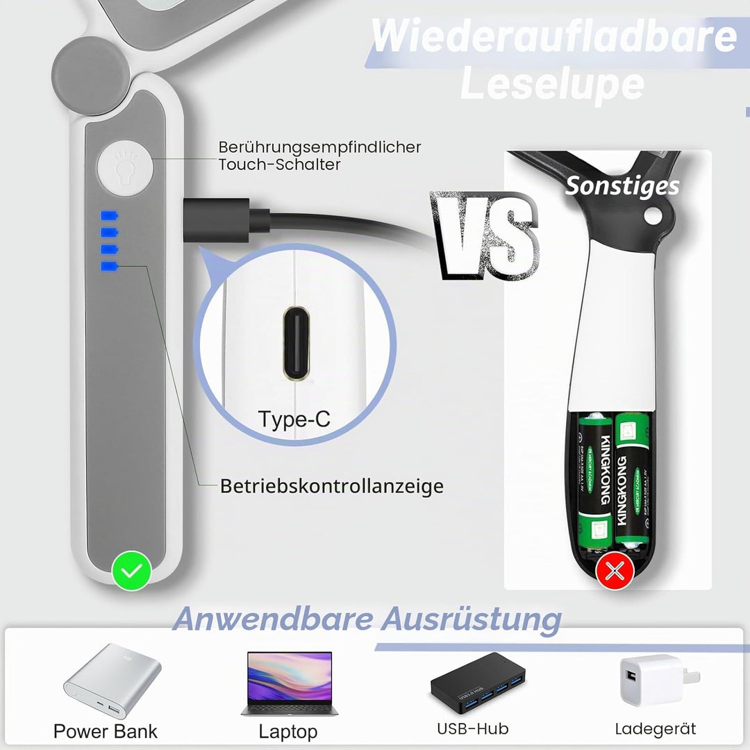 Wiederaufladbare 5-fache Lupe zum Lesen, Handlupe mit Licht für Senioren mit Sehbehinderung, leichte