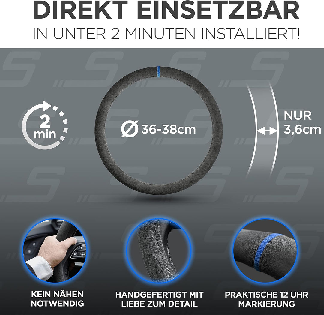 S-TETIC® Premium Lenkradbezug Alcantara® | Echtes Alcantara | BLAUE 12-Uhr Markierung | Universal Gr