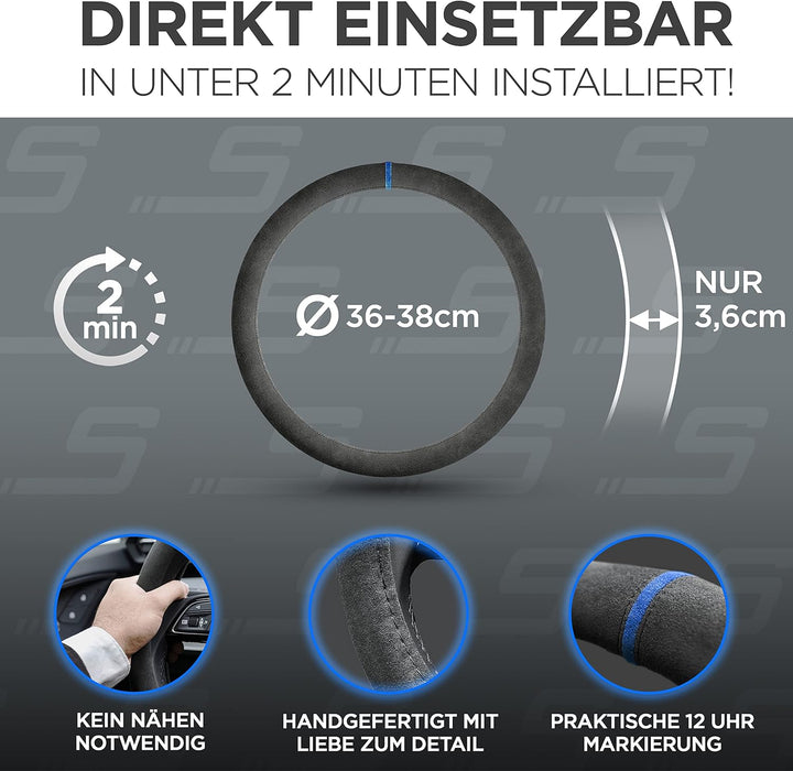 S-TETIC® Premium Lenkradbezug Alcantara® | Echtes Alcantara | BLAUE 12-Uhr Markierung | Universal Gr