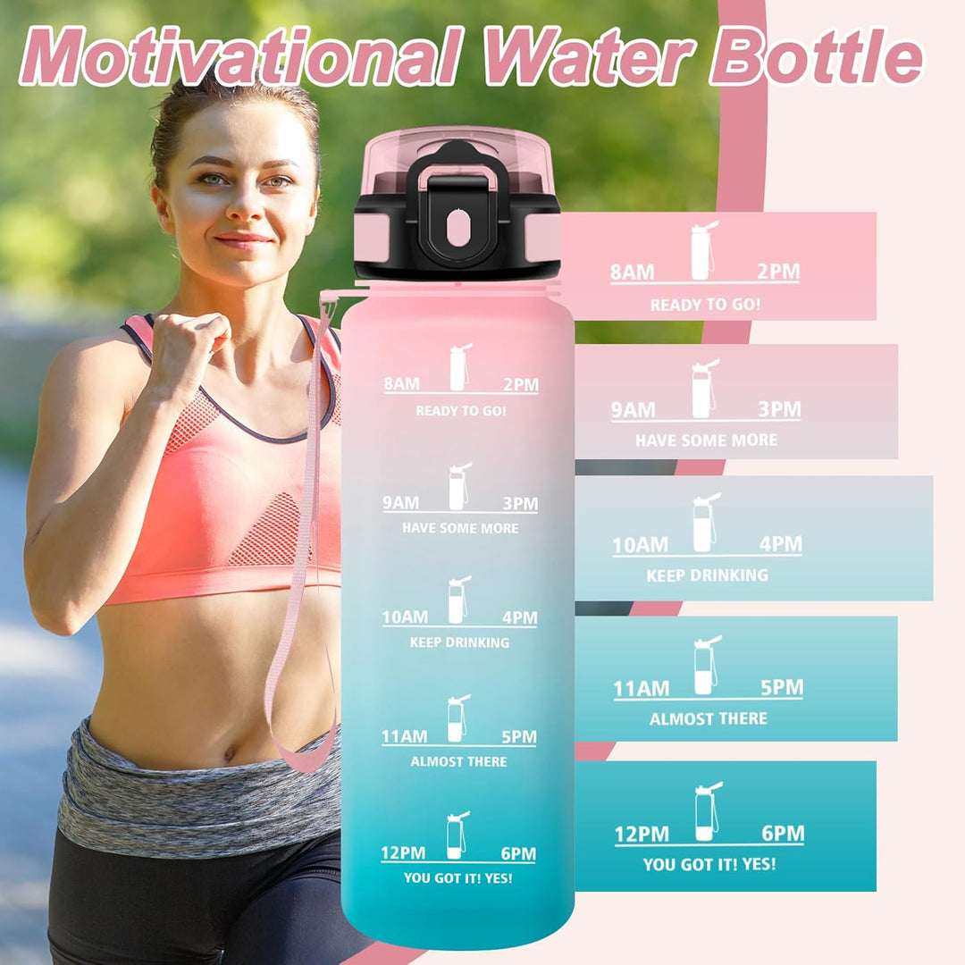 Trinkflasche 1L, BPA-frei, Wasserflasche mit Strohhalm & Zeitmarkierung, Sportflasche für Gym, Campi