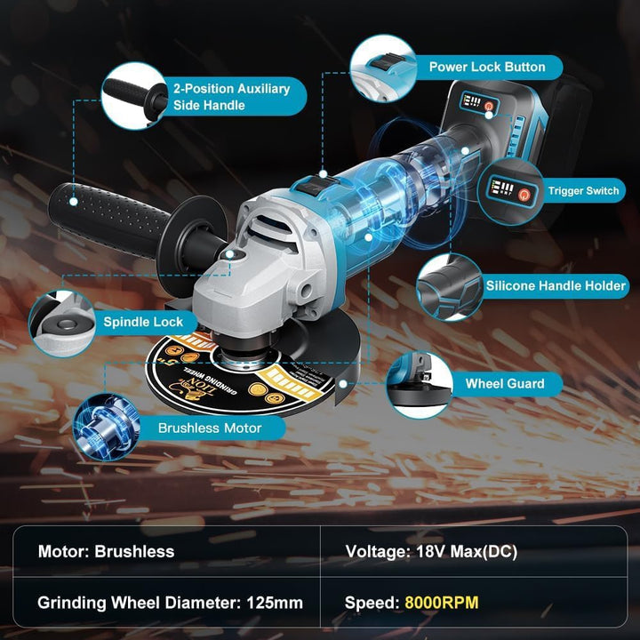 1200W Akku Winkelschleifer für Makita Akku 18V (Ohne Akku), 125mm Akku Flex mit 4 Geschwindigkeiten,