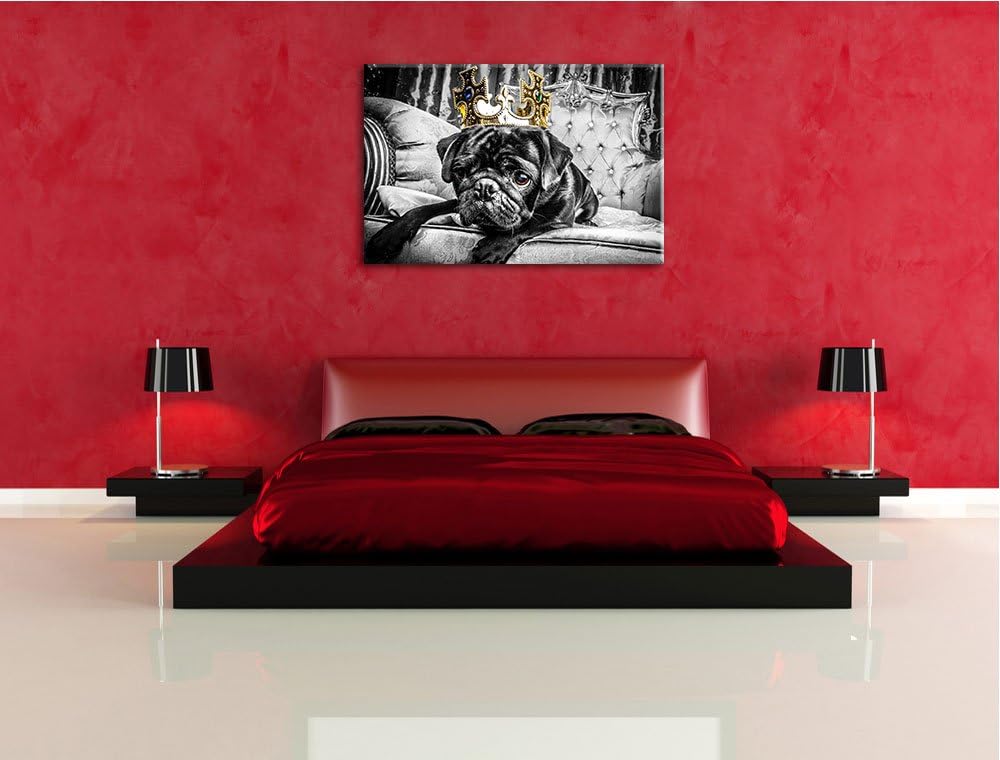 Mops mit Krone auf Thron schwarz/weiss Format: 100x70 auf Leinwand, XXL riesige Bilder fertig gerahm