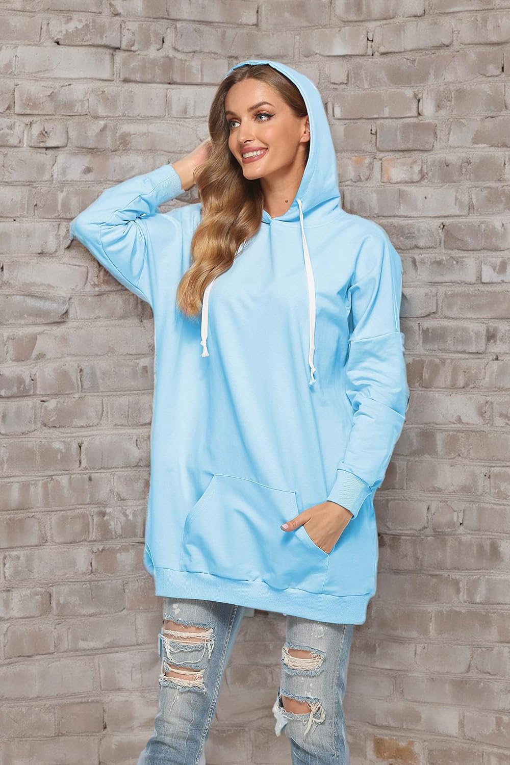 Famulily Damen Oversized Hoodie Kleid Baumwolle Lang Sweatshirt mit Kapuze Einfarbige Kapuzenpullove