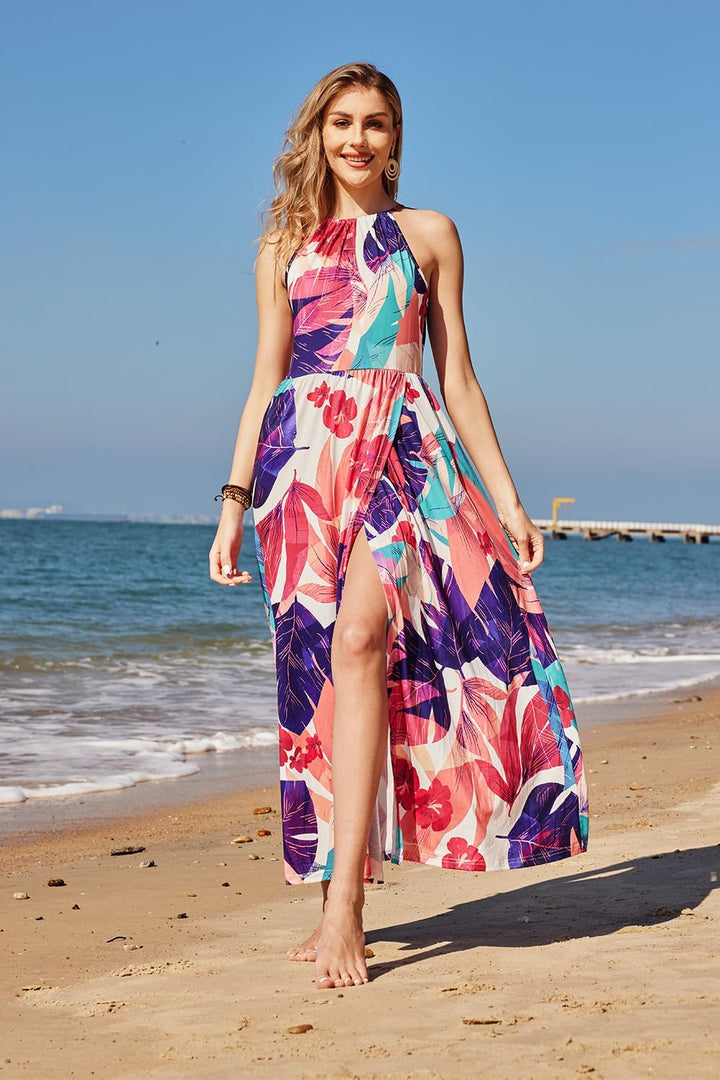KILIG Damen Sommerkleid Lang Elegant Sommer Neckholder Kleid Hochzeitsgast Maxikleid Partykleid Schl